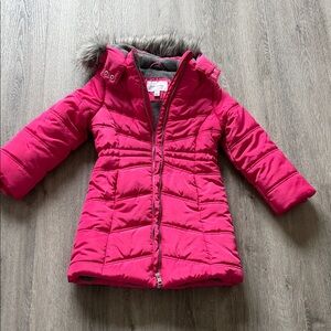 Pink Puffer Coat with Faux Fur Trim